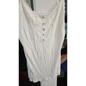 Fairycore POL White Ribbed Lace Trim Boho Camisole V-Neck Button Bib Tank Top S